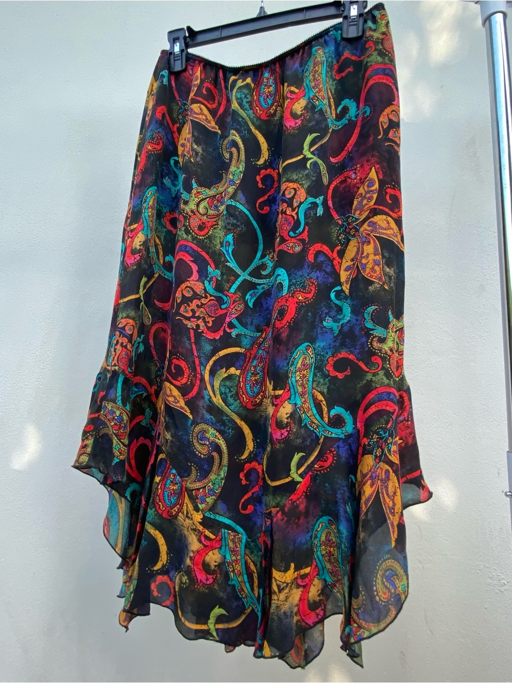Y2K 100% Silk Black Multicolor Paisley Whimsy Fairy Midi Skirt Size 2